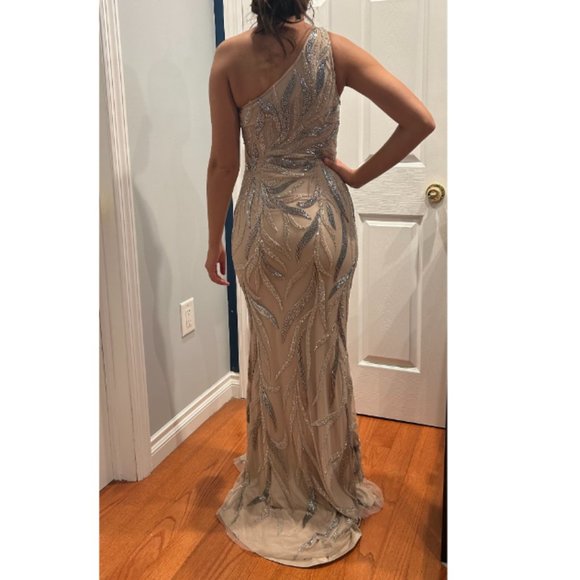 Aidan Mattox One Shoulder Beaded Slit Gown in Nude - Picture 4 of 6